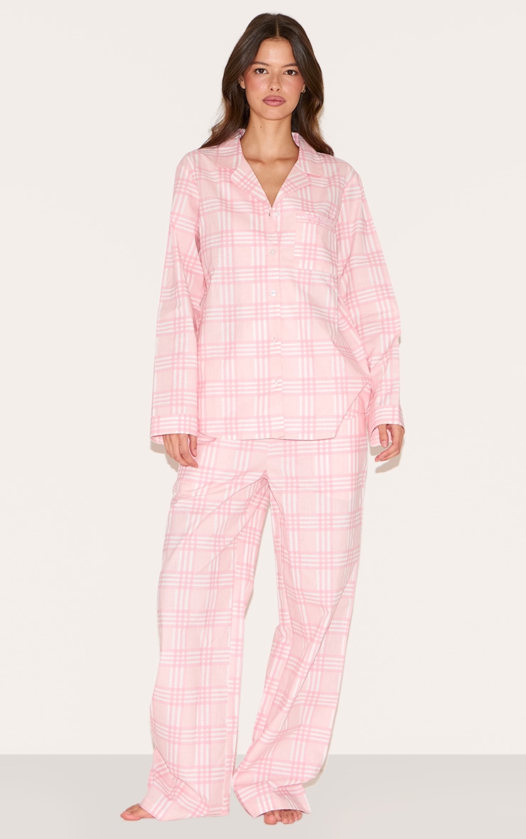 PRETTYLITTLETHING Embroidered Pink Check Long Pj Set image 3