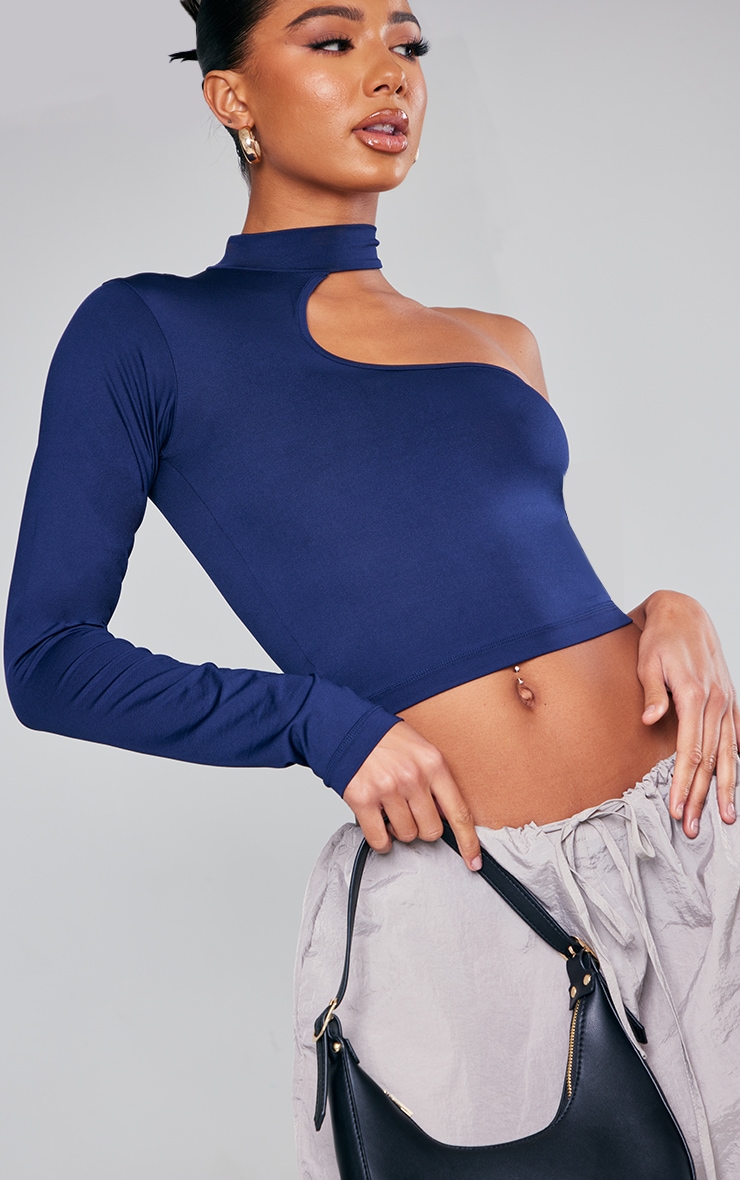 Navy Matte Slinky One Shoulder Crop Top image 4