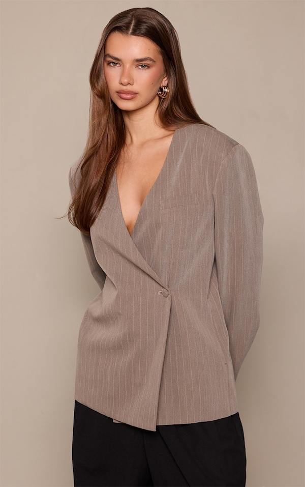 Beige Striped Tailored Asymmetric Collarless Blazer