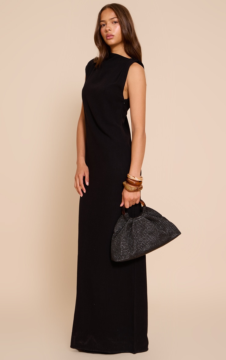 Black Linen Look Sleeveless Drape Neck Detail Maxi Dress image 3