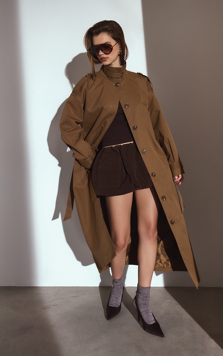 Chocolate Brown Faux Suede Pocket Detail Puffball Mini Skirt image 2