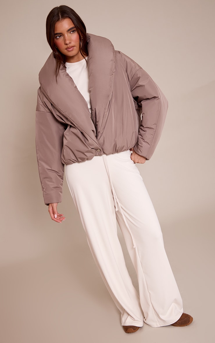 Taupe Exaggerated Collar Shell Puffer Jacket image 3
