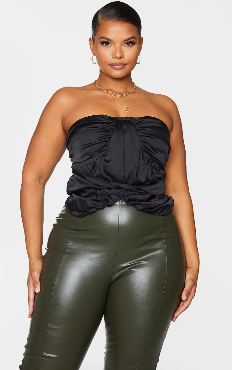 Plus Black Satin Ruched Detail Corset Top