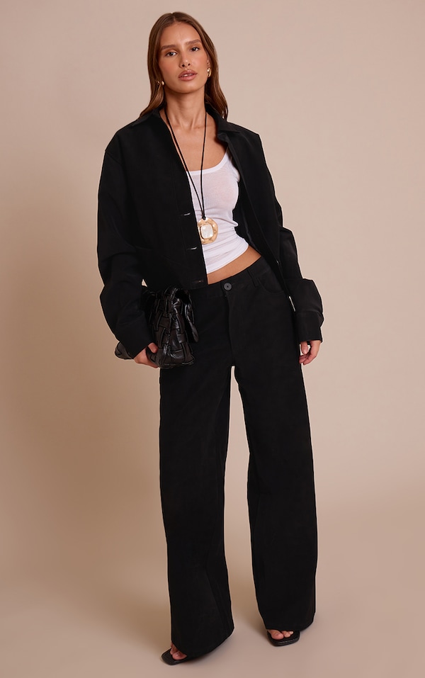 Black Washed Faux Leather Wide Leg Pants