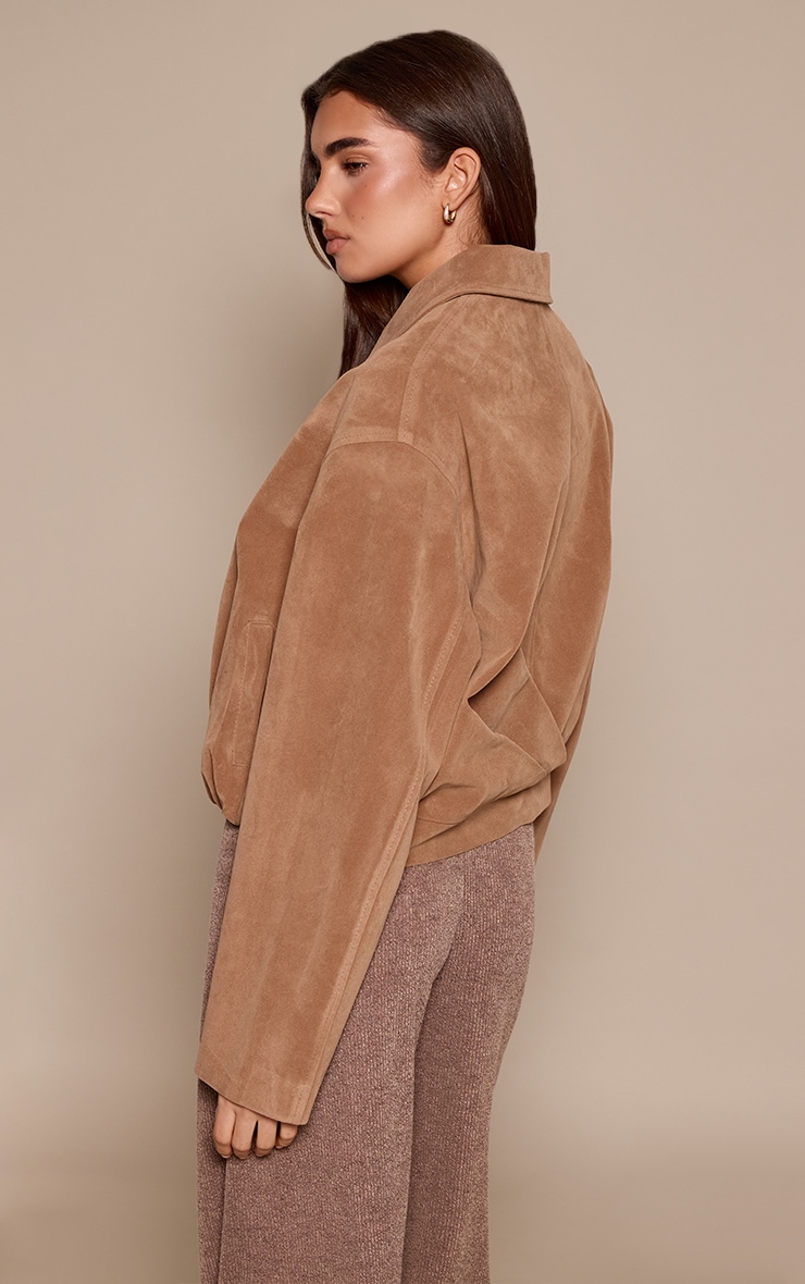 Tan Gathered Hem Zip Up Suede Jacket image 2