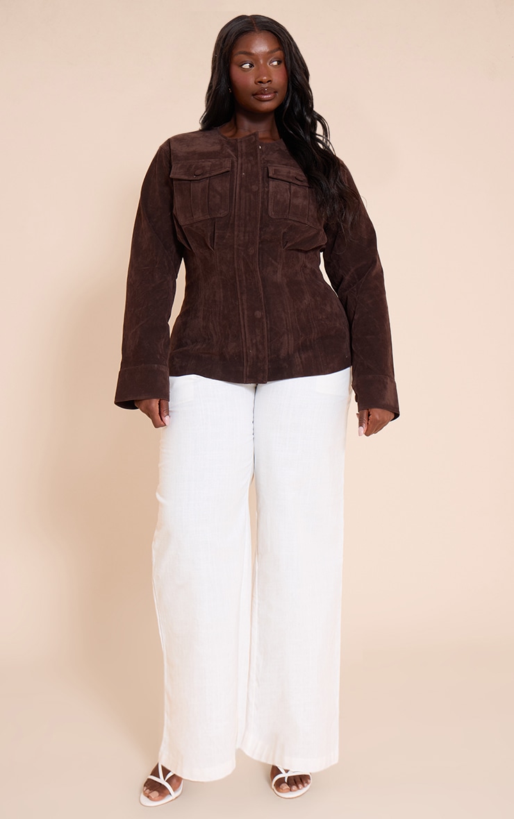 Plus Chocolate Faux Suede Cinch Waist Covered Button Jacket image 3