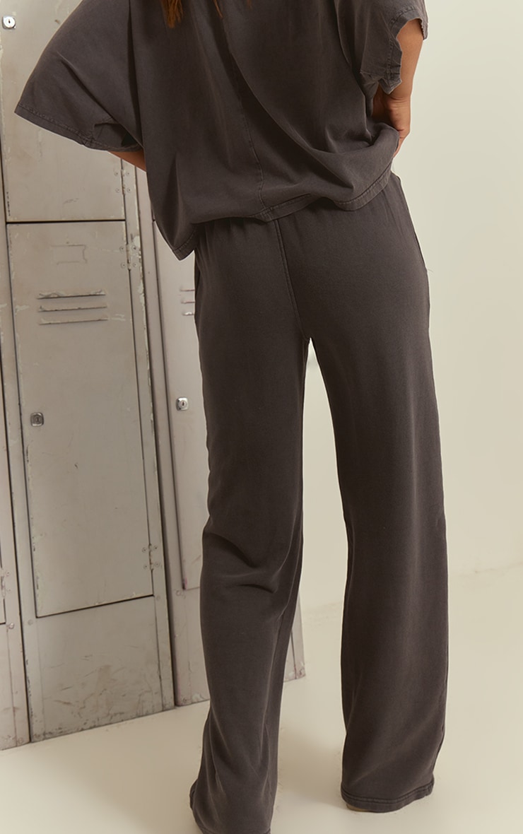 Charcoal Acid Wash Rib Panel Straight Leg Sweatpants image 3