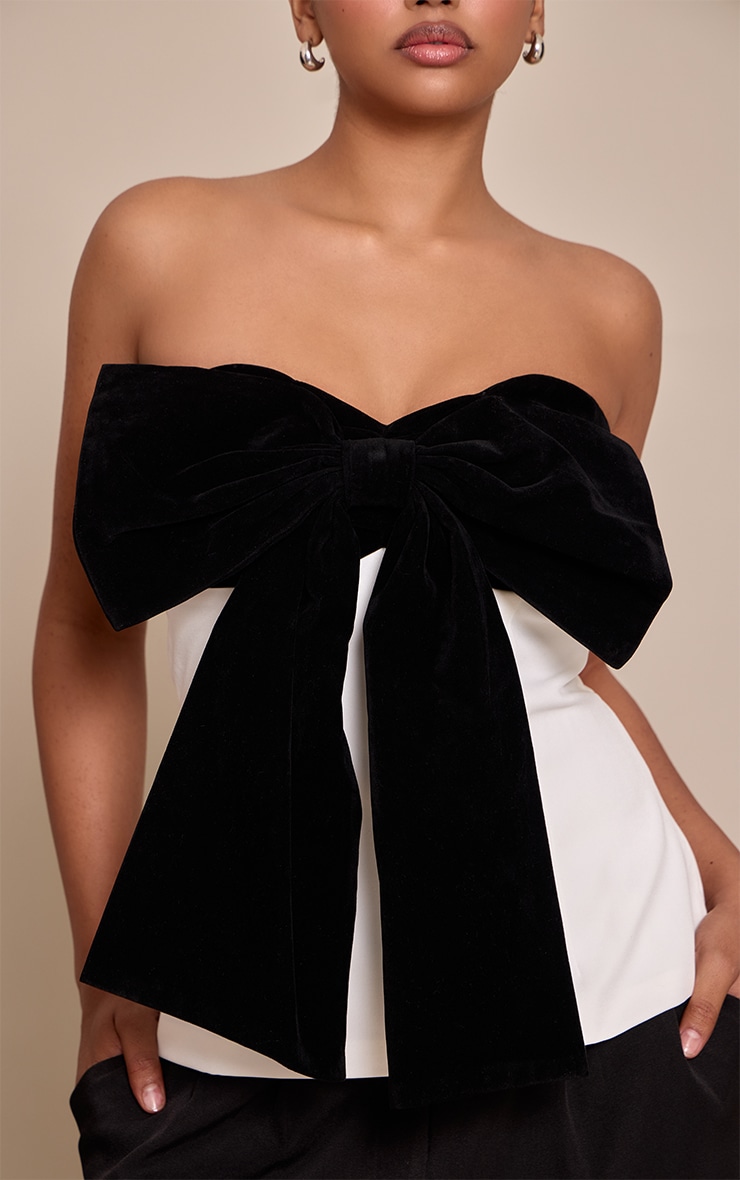 Petite Black Velour Contrast Bow Bandeau Top image 4