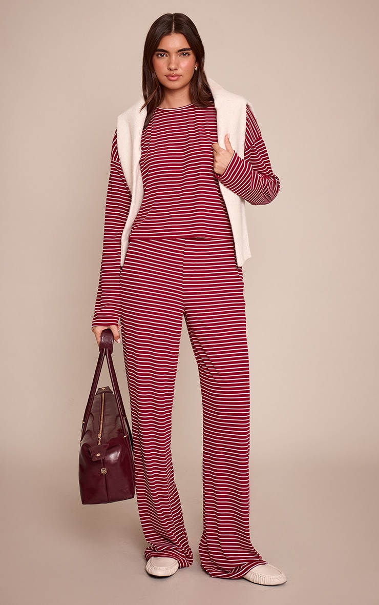 Burgundy Ribbed Stripe Oversized Slouchy Long Sleeve Top  image 3