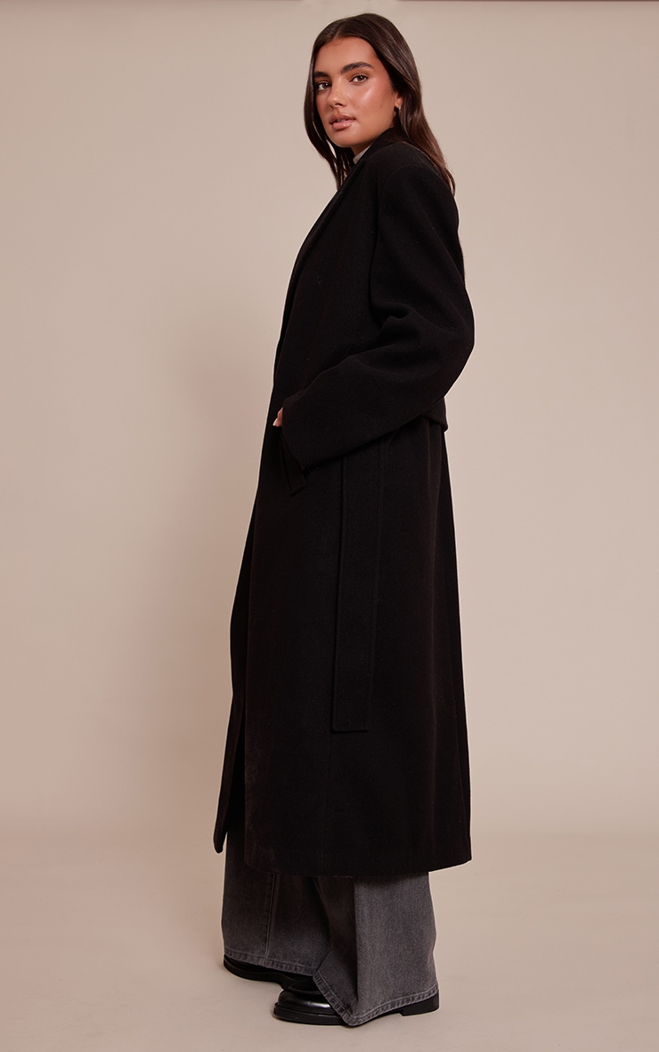 Black Single Breasted Self Tie Wool Look Maxi Coat image 3