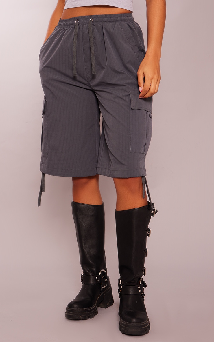 Charcoal Ripstop Drawstring Oversized Long Cargo Shorts image 2