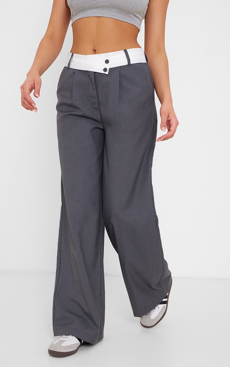 Charcoal Fold Over Asymmetric Waistband Tailored Pants image 2