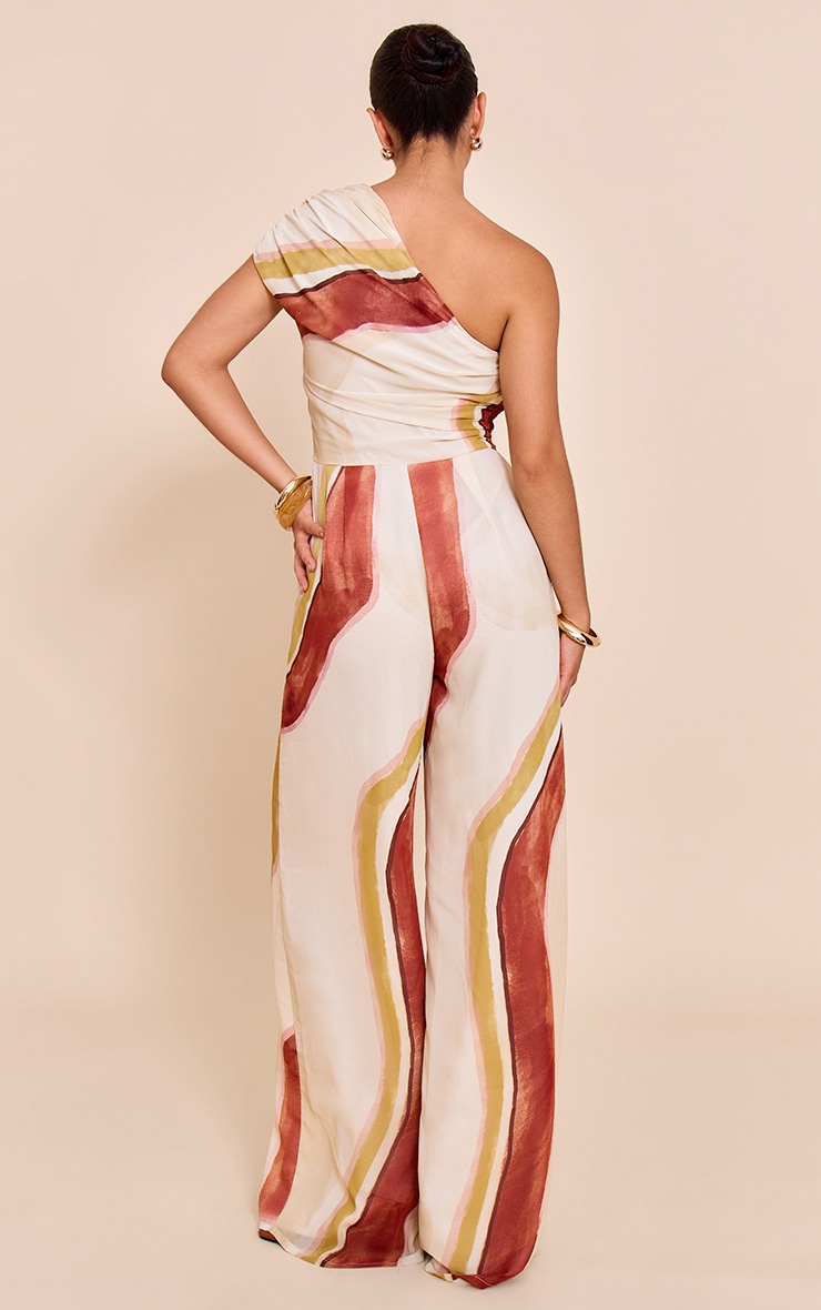 Cream Abstract Chiffon One Shoulder Ruched Jumpsuit image 2