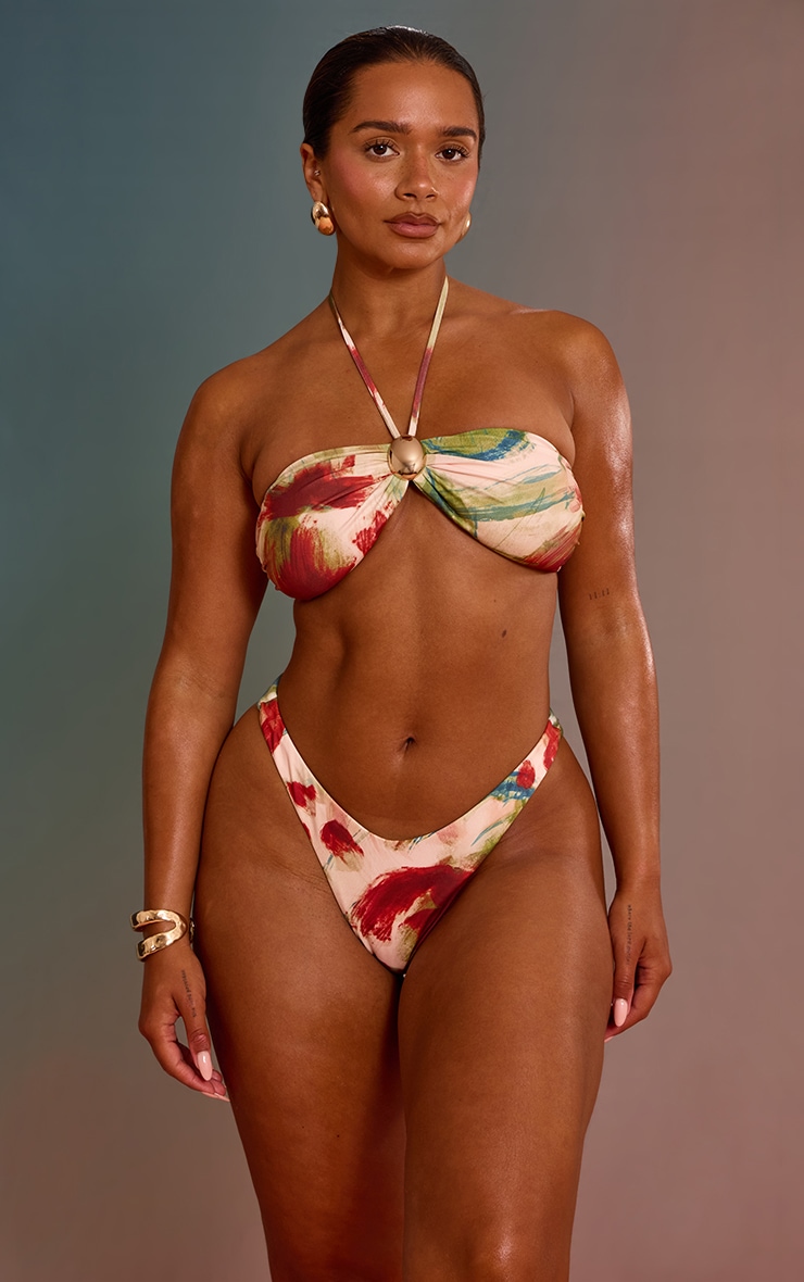 Shape Olive Abstract Print Gold Trim Bikini Top image 1