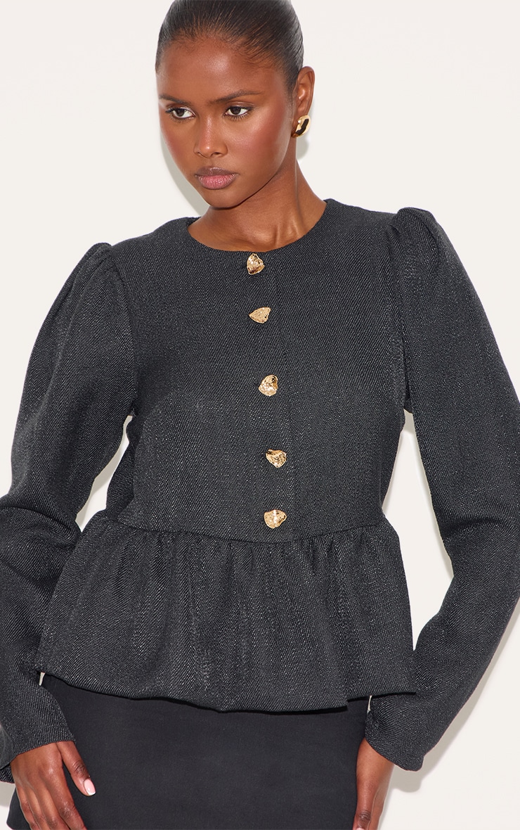 Black Button Up Peplum Balloon Sleeve Jacket image 1
