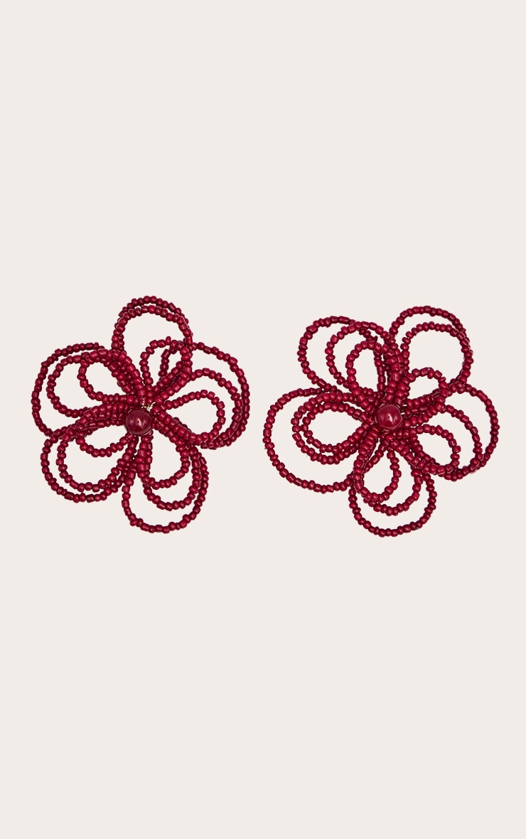 Boucles d'oreilles imposantes bordeaux en fleurs à perles image 2