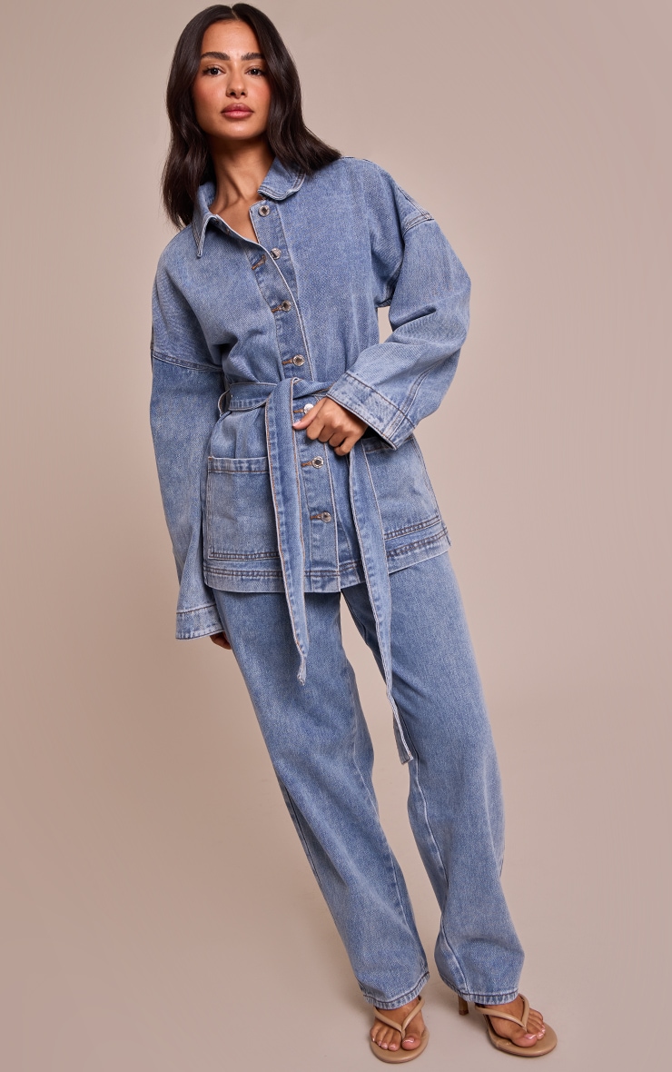 Petite Washed Mid Blue Denim Oversized Long Jacket image 3