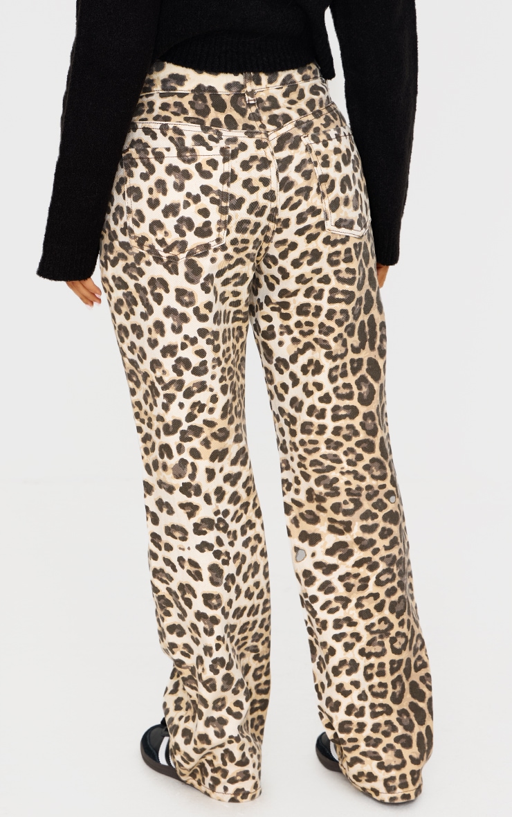 Petite Brown Denim Leopard Print Straight Leg Jeans image 3