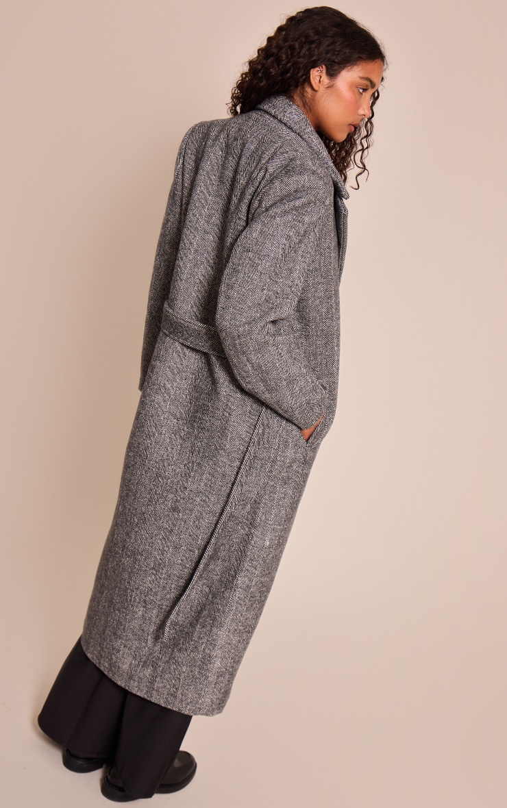Black Herringbone Tie Waist Maxi Coat image 2