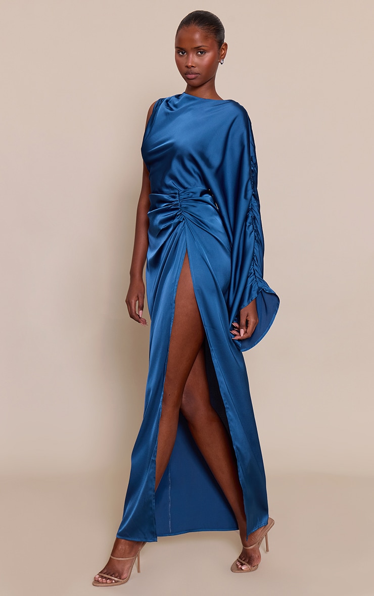 Navy Satin Asymmetric Cape Detail Maxi Dress image 3