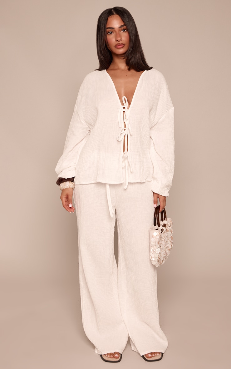 Petite White Cheesecloth Textured Wide Leg Pant