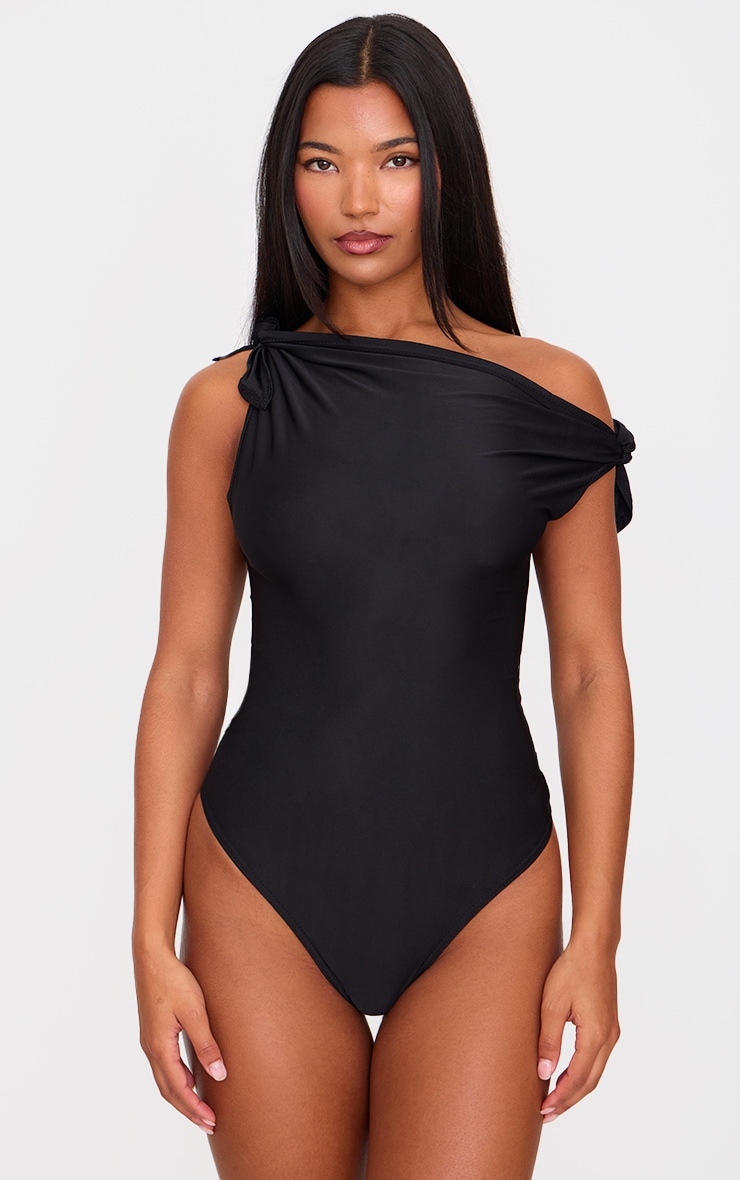 Black Slinky Tie Shoulder Asymmetric Bodysuit image 2