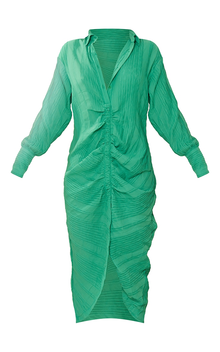 Green Textured Gathered Detail Long Sleeve Midi Shirt Dress image 5