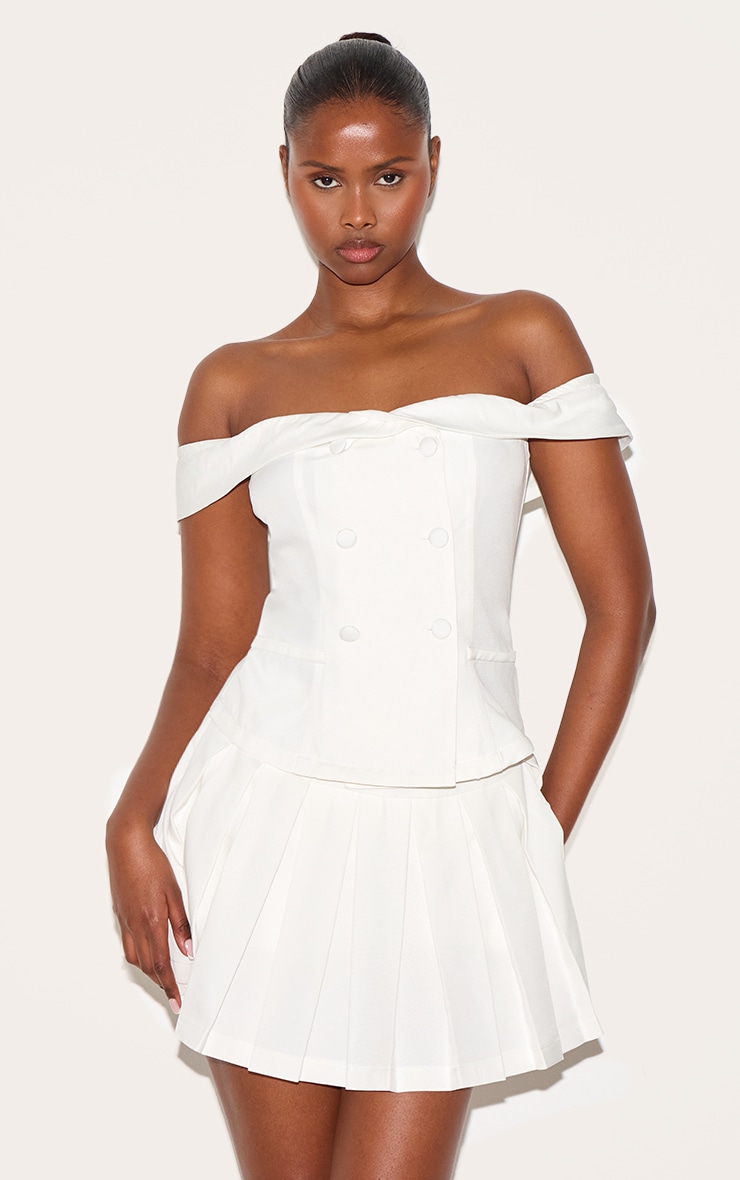 White Tailored Button Detail Bardot Pleated Skort Romper image 1
