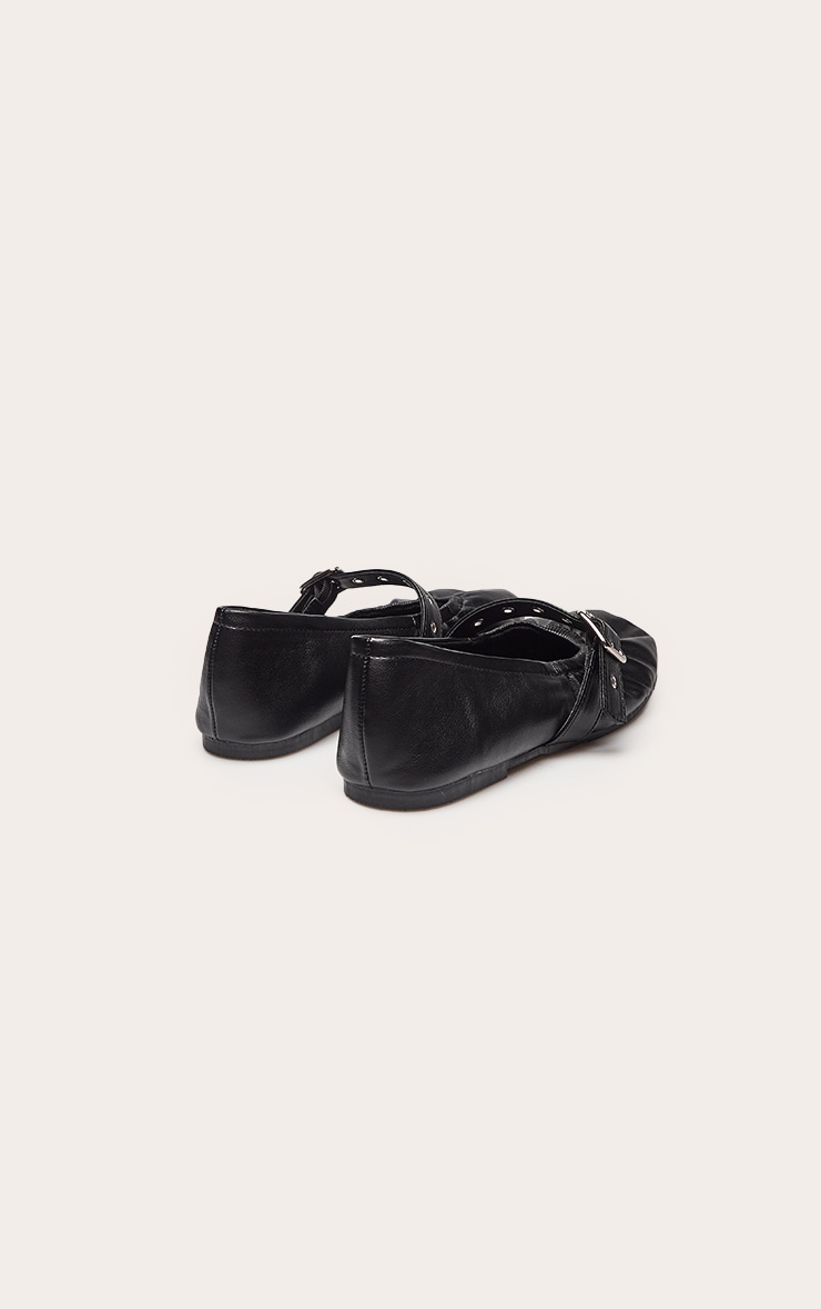 Black PU Ruched Buckle Detail Ballet Flat image 4