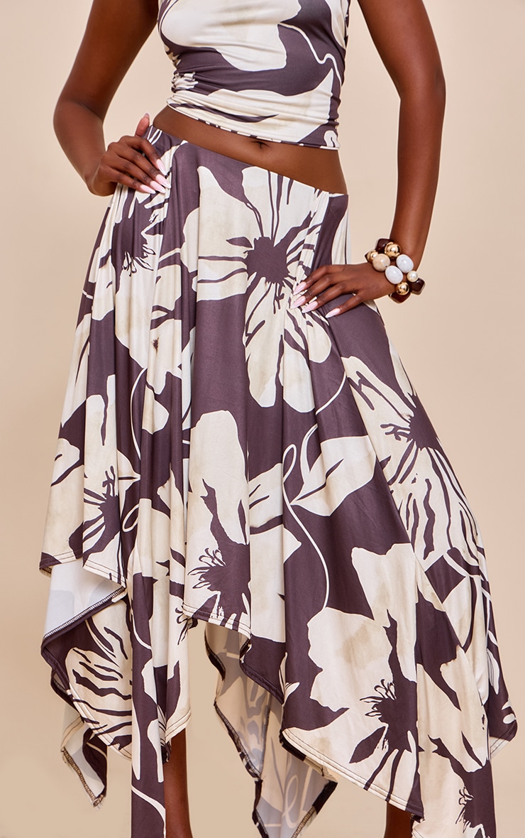 Brown Floral Print Slinky Asymmetrical Hem Maxi Skirt image 4