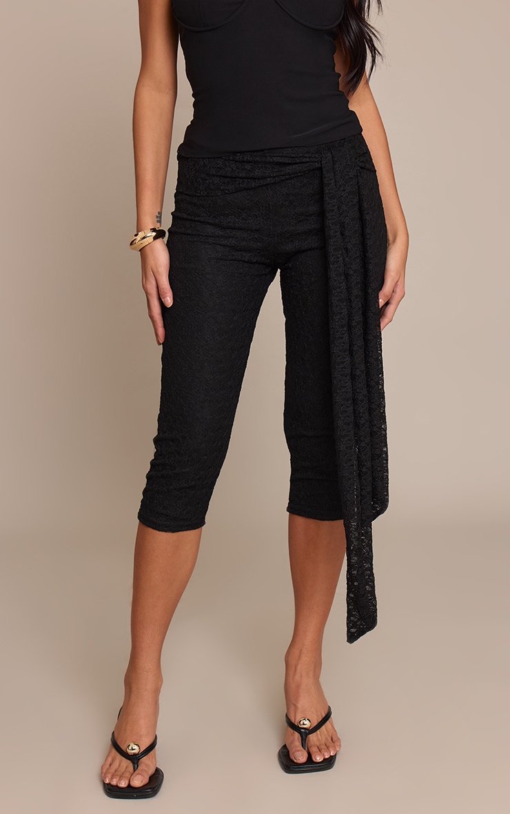Black Textured Lace Wrap Waist Detail Capris image 2