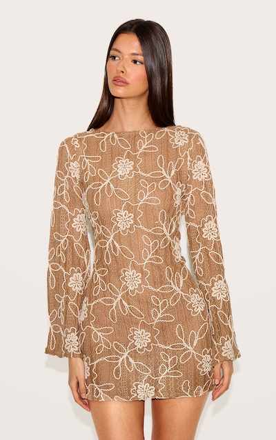 Tan Textured Floral Long Sleeve Shift Dress
