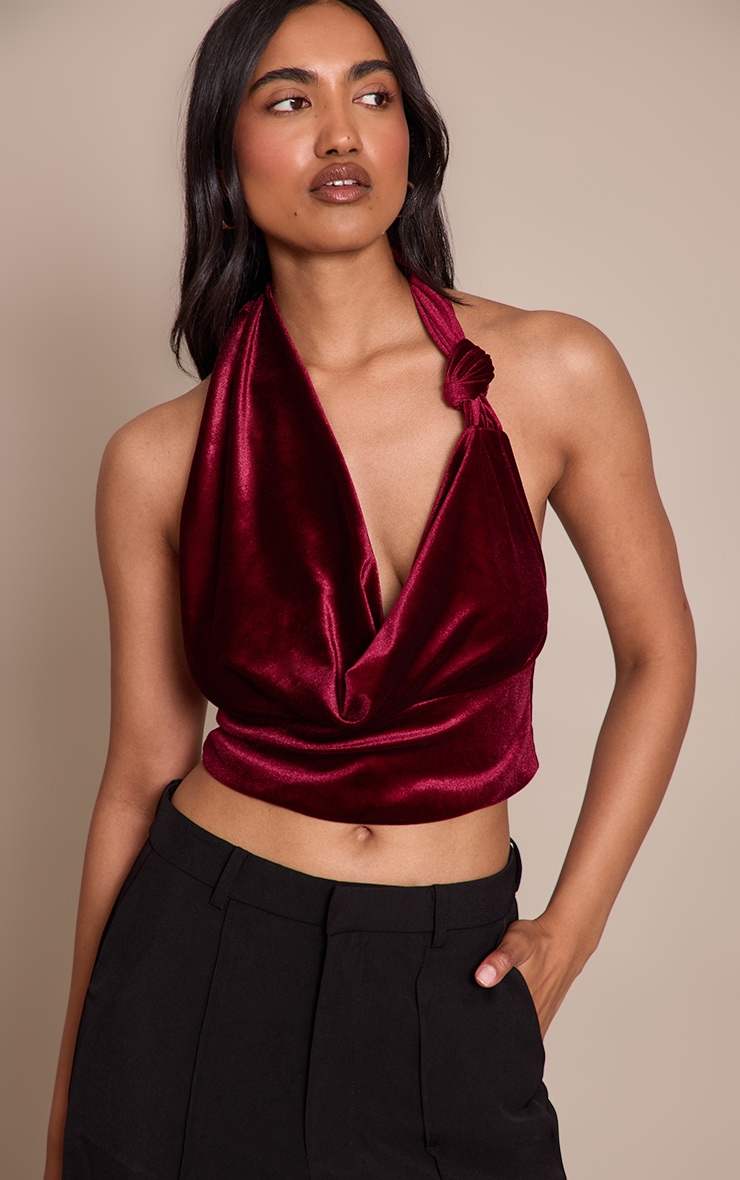 Burgundy Velvet Cowl Neck Long Top