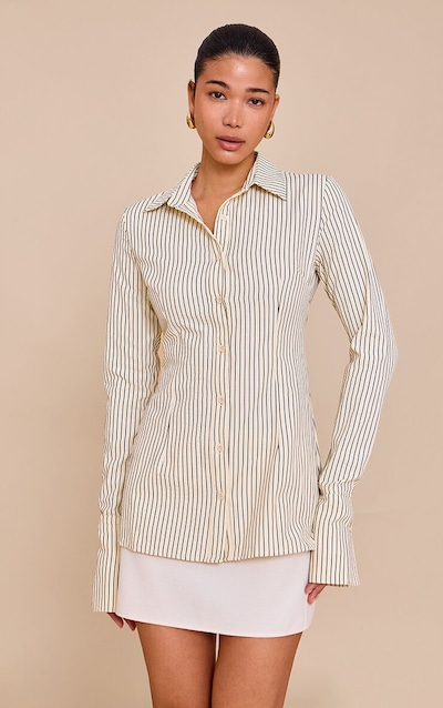 Beige Striped Woven Fitted Shirt