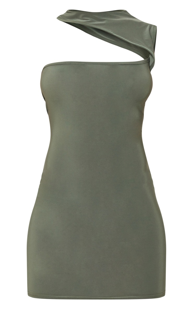 Khaki Slinky Asymmetric Neck Sleeveless Bodycon Dress image 5