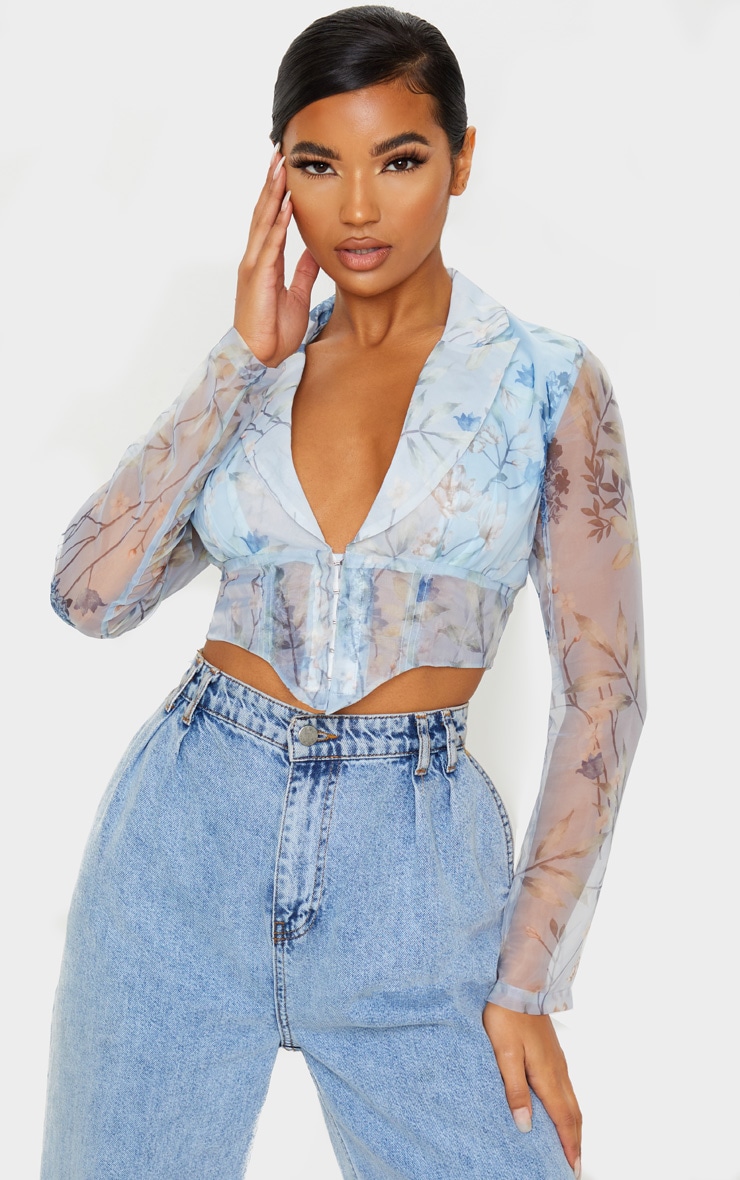 Chemise en organza transparent imprimé floral bleu à ourlet pointu