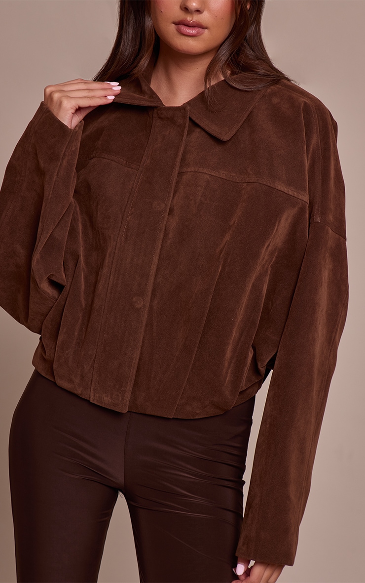 Chocolate Faux Suede Covered Placket Bomber Jacket image 4