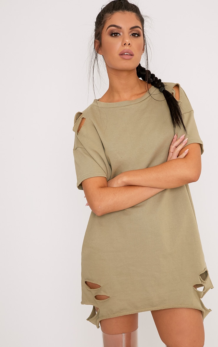 Orla Sage Green Distressed Short Sleeve Sweater Dress PrettyLittleThing