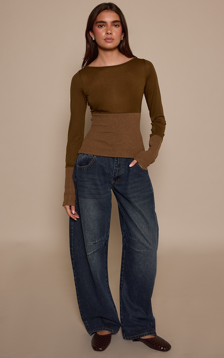 Dark Khaki Contrast Jersey Rib Long Sleeve Fitted Top image 3