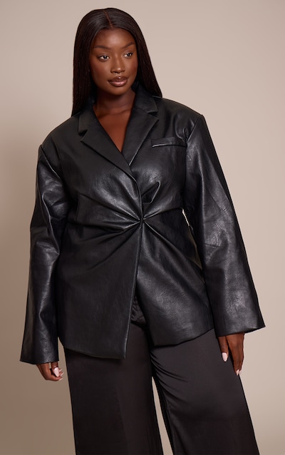 Plus Black Faux Leather Cinch Waist Blazer
