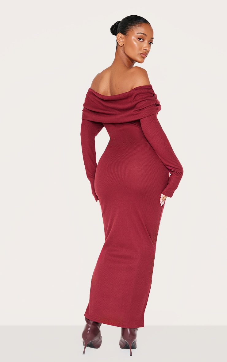 Shape Burgundy Rib Bardot Long Sleeve Maxi Dress image 2