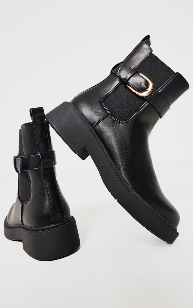 Black Round Toe Gold Buckle Chelsea Boots image 2