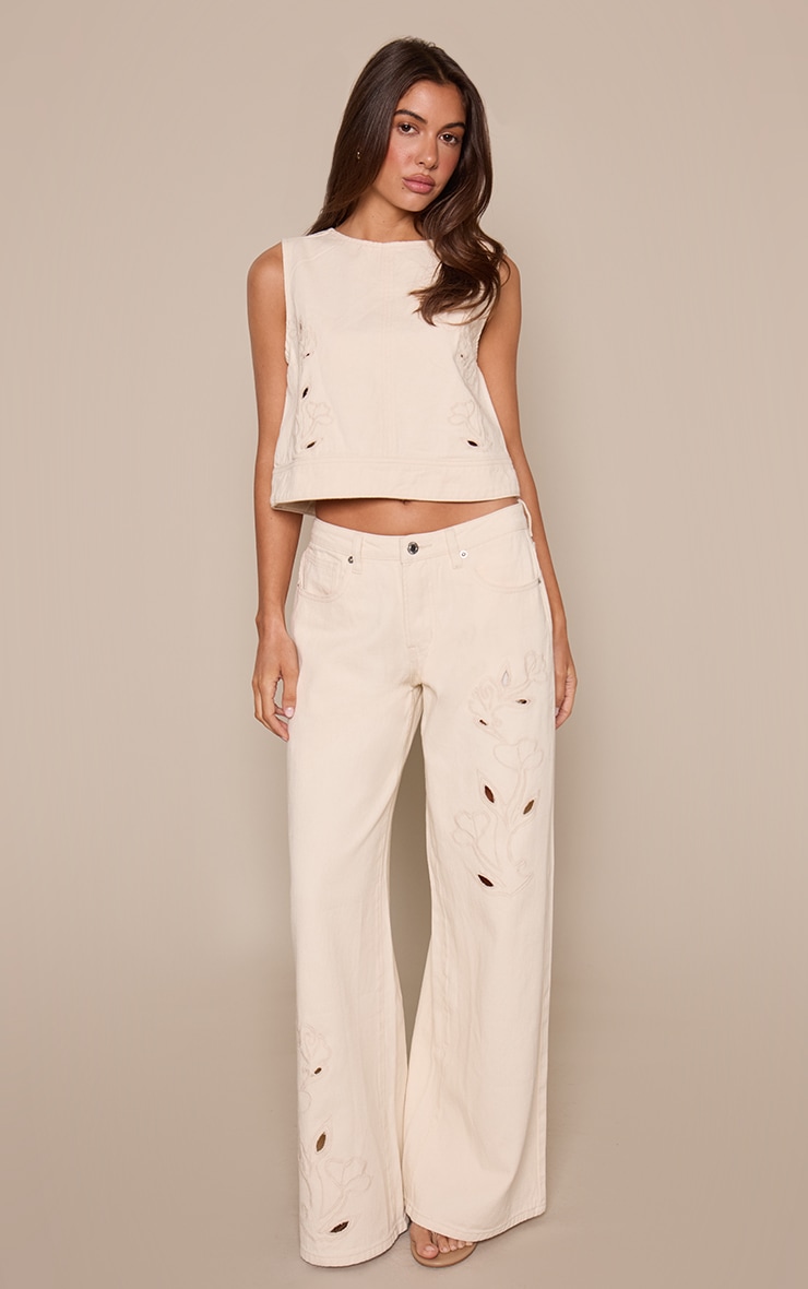 Ecru Embroidery Cut Out Detail Wide Leg Jean