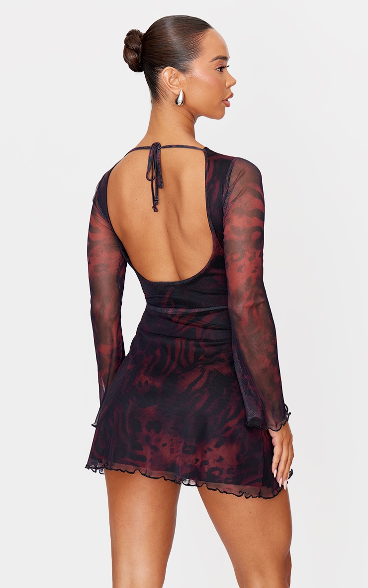 Burgundy Mesh Long Sleeve Tie Back Shift Dress image 2