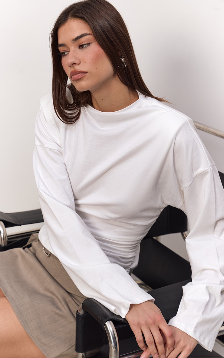 White Cotton Shoulder Detail Ruched  Long Sleeve T-Shirt  image 4