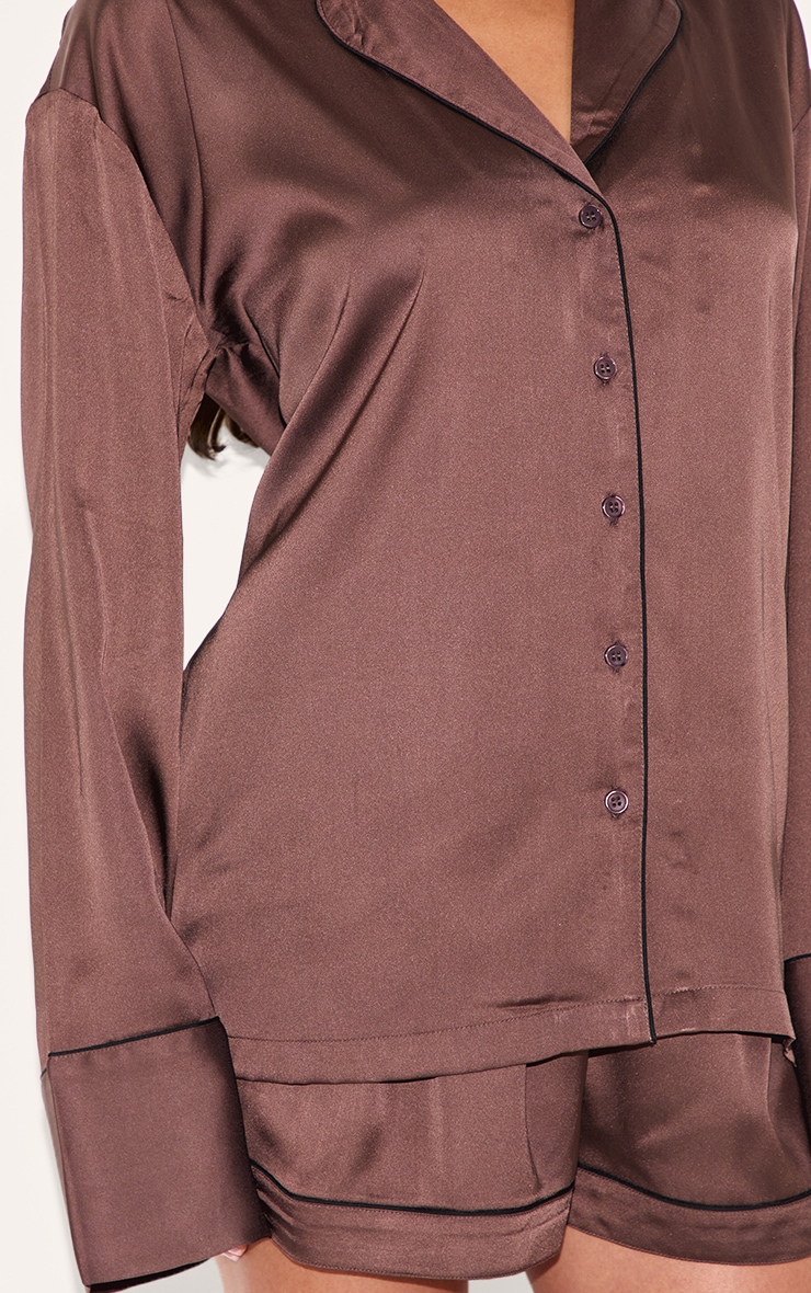 Chocolate Satin Piping Long Sleeve Short Pj Set image 4