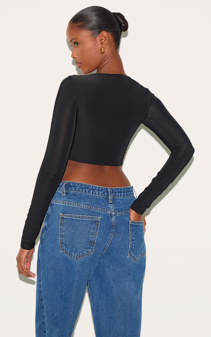 Crop top basique noir foncé moulant à manches longues image 2