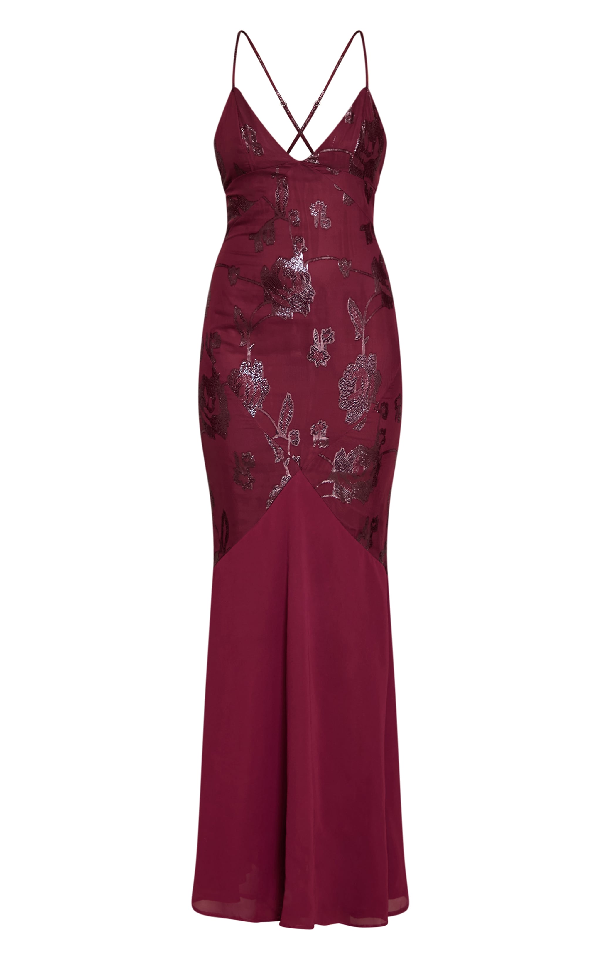 Robe sirène longue texturée rouge vin à bretelles fines image 5