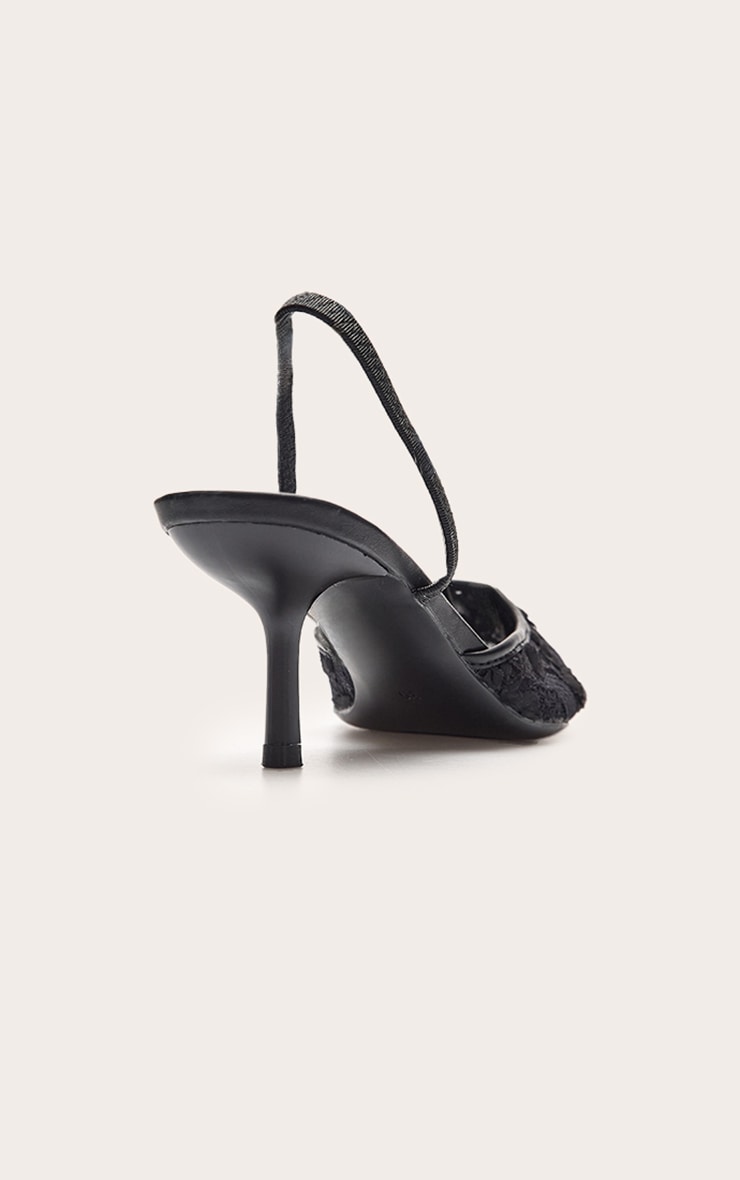 Black Textured Lace Slingback Court Heels image 4