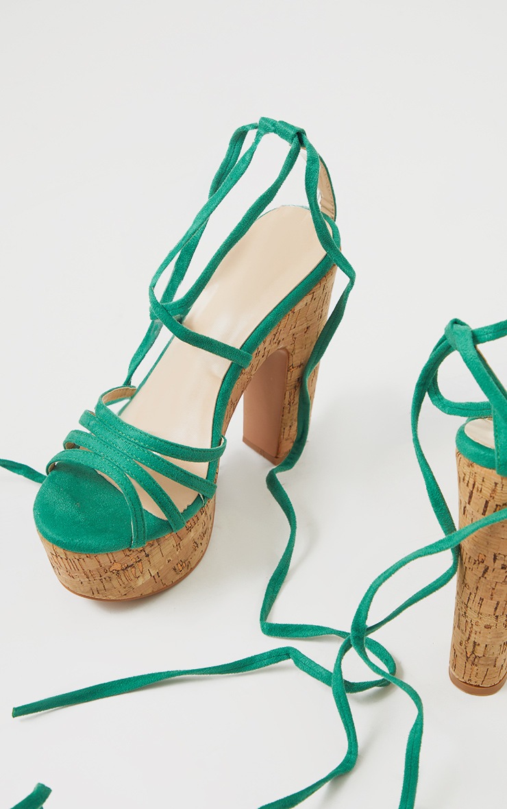 Green Multi Strap Ankle Tie Cork Platform Heeled Wedge Sandals